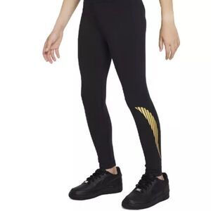 Nike Logo Leggings Big Girls Sz L Black Gold High-Waisted Cotton Athletic Comfy